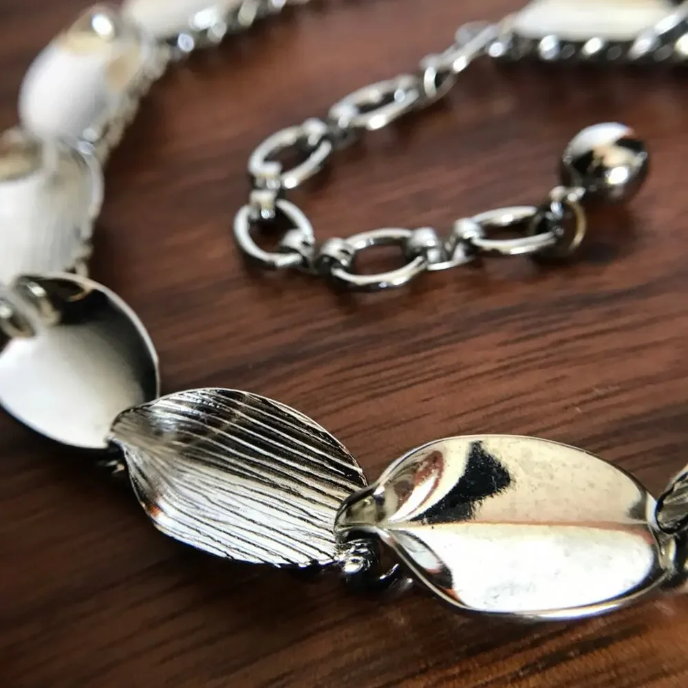 Vintage Danish-style silver tone etched leaf choker necklace sturdy construction